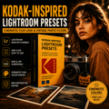 Promotional graphic for Kodak-inspired Lightroom presets, showing a woman with warm vintage-style edited skin and hair tones beside a retro camera and a box labeled 'Kodak-Inspired Lightroom Presets.' Text highlights Lightroom desktop and mobile compatibility, one-click ease of use, RAW and JPG compatibility, cinematic color grading, and non-destructive editing.