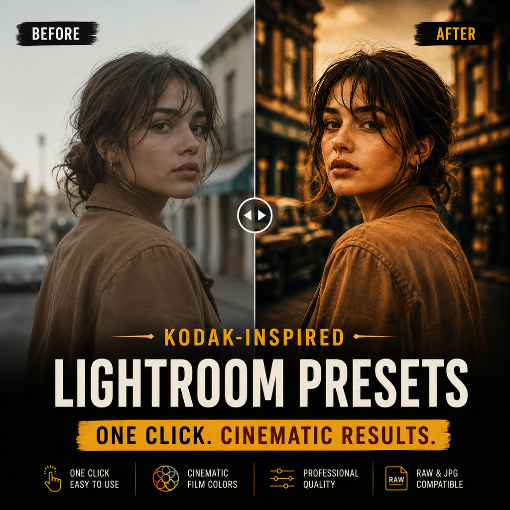 Promotional graphic for Lightroom presets showing a side-by-side 'Before' and 'After' portrait edit. The left side shows a woman in a street scene with muted, desaturated tones labeled 'BEFORE,' and the right side shows the same scene with warm, cinematic tones labeled 'AFTER.