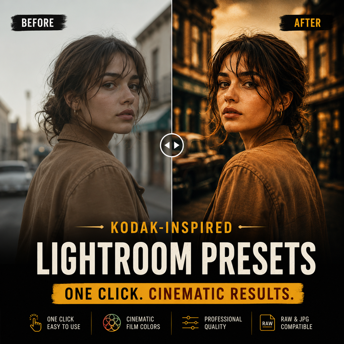 Promotional graphic for Lightroom presets showing a side-by-side 'Before' and 'After' portrait edit. The left side shows a woman in a street scene with muted, desaturated tones labeled 'BEFORE,' and the right side shows the same scene with warm, cinematic tones labeled 'AFTER.
