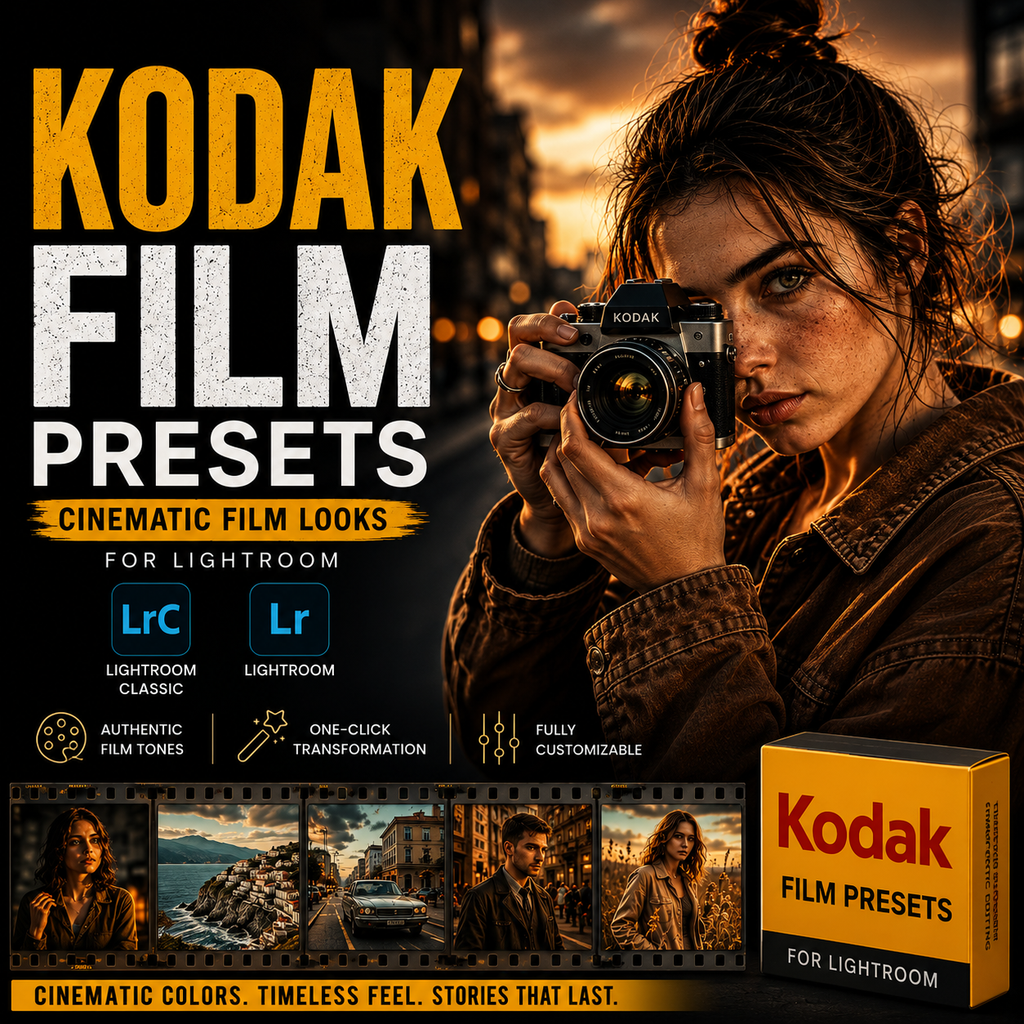 Promotional graphic for Kodak Film Presets for Lightroom, featuring a woman holding a vintage camera against a warm sunset cityscape, large 'KODAK FILM PRESETS' text, Lightroom app icons, film strip previews, and a yellow/black product box.