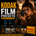 Promotional graphic for Kodak Film Presets for Lightroom, featuring a woman holding a vintage camera against a warm sunset cityscape, large 'KODAK FILM PRESETS' text, Lightroom app icons, film strip previews, and a yellow/black product box.