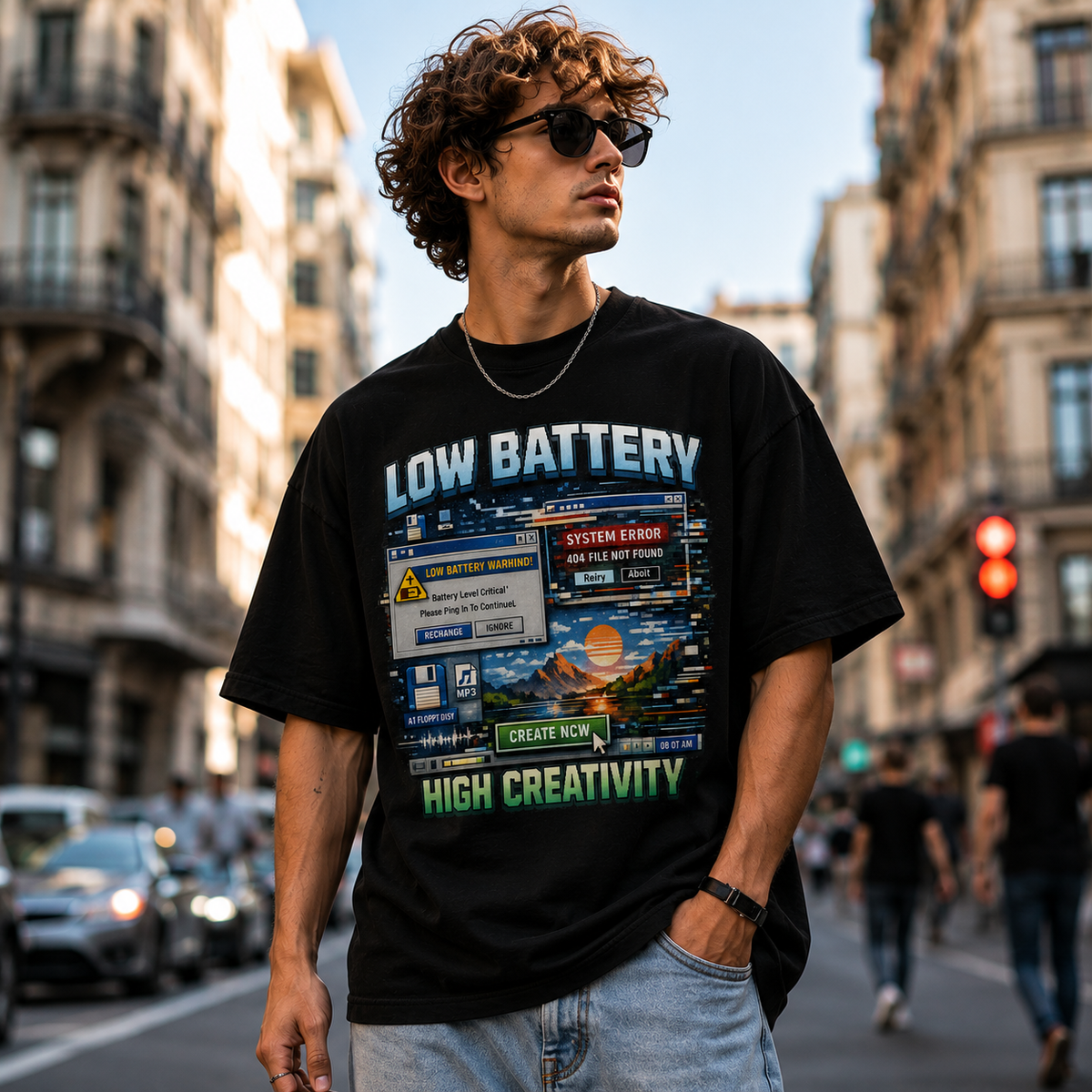 A man wearing a black graphic t-shirt with a colorful computer screen design and the text 'LOW BATTERY HIGH CREATIVITY' stands on a city street.