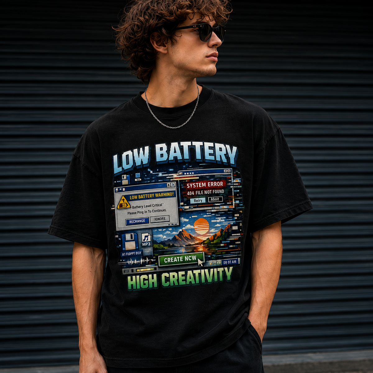 A man wearing a black graphic t-shirt with a retro computer error screen design that reads 'LOW BATTERY' and 'HIGH CREATIVITY', posed in front of a dark metal shutter.