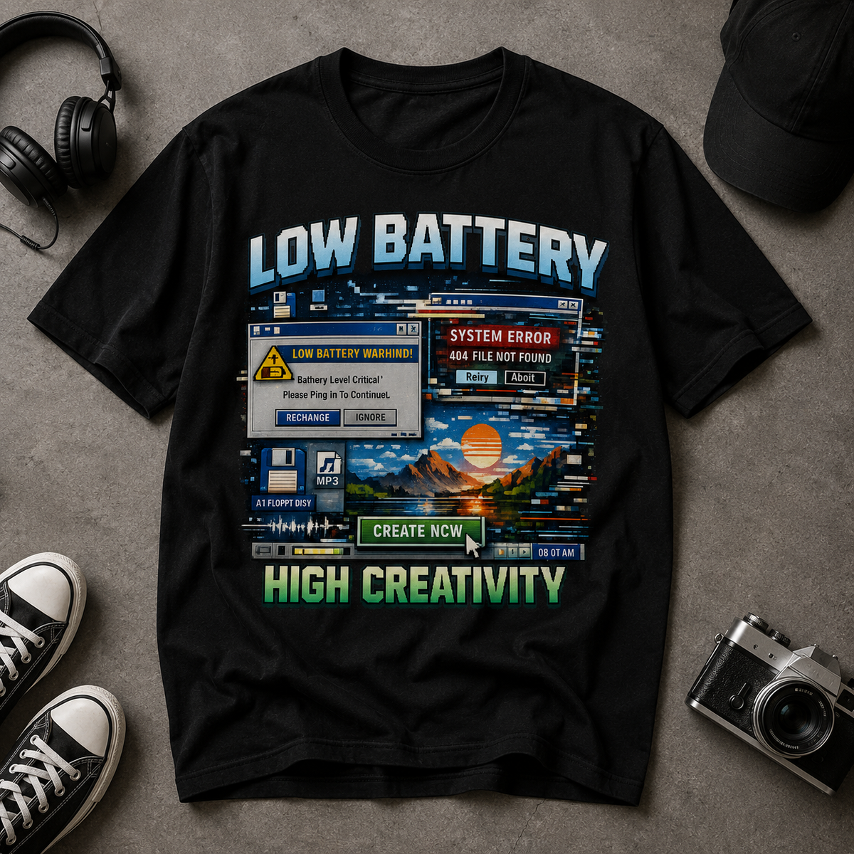 A black graphic t-shirt laid flat on a gray textured surface, surrounded by lifestyle props including a pair of black headphones, a black baseball cap, black sneakers, and a vintage camera. The t-shirt features a retro computer monitor warning screen graphic with the text 'LOW BATTERY' and 'HIGH CREATIVITY'.