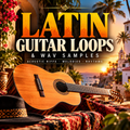 Promotional cover art for a music sample pack titled 'LATIN GUITAR LOOPS & WAV SAMPLES'. A wooden acoustic guitar is prominently displayed on a patterned red and black blanket, with a black hat in the foreground and a warm sunset tropical town scene in the background.