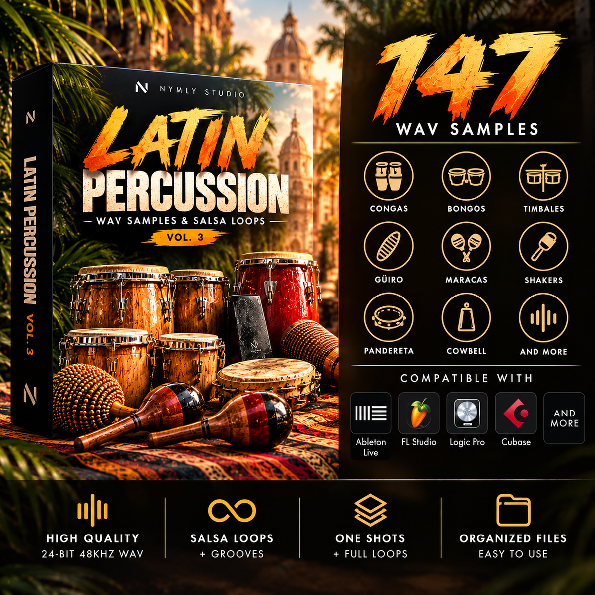 Latin percussion WAV samples Vol. 3 featuring 147 samples, congas, bongos, salsa loops, and professional percussion sounds.