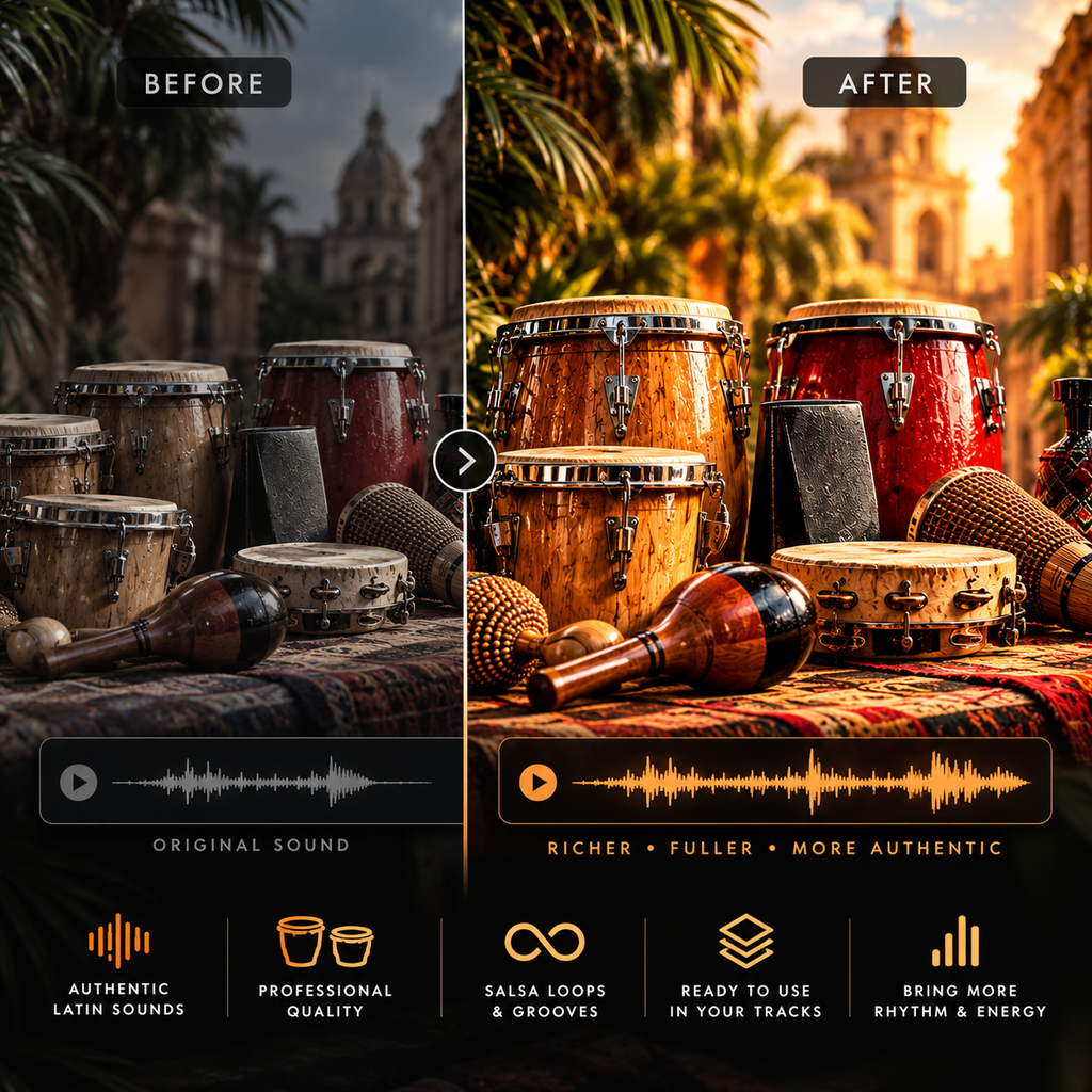 Latin percussion WAV samples and salsa loops Vol. 3 showcasing rich congas, bongos, and vibrant authentic Latin percussion sounds.