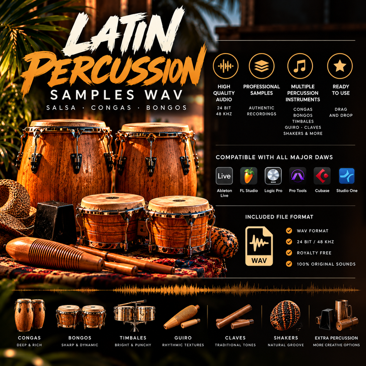 Latin percussion samples WAV featuring congas, bongos, timbales, güiro, 24-bit audio quality, and DAW compatibility.