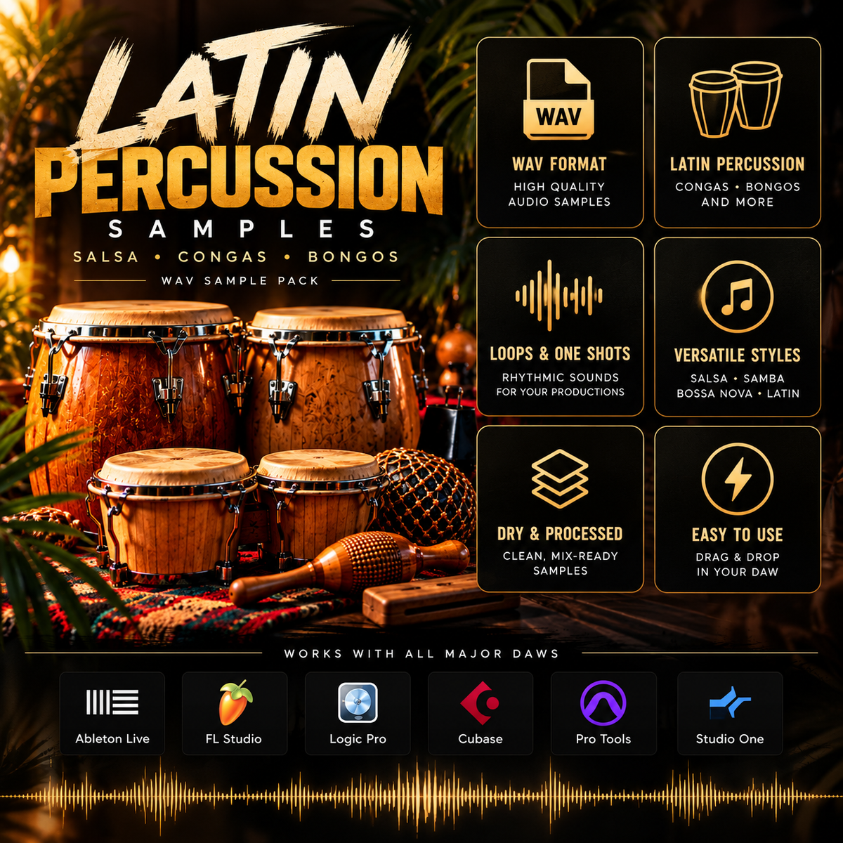 Latin percussion WAV sample pack featuring congas, bongos, rhythmic loops, one-shots, and digital audio workstation compatibility.