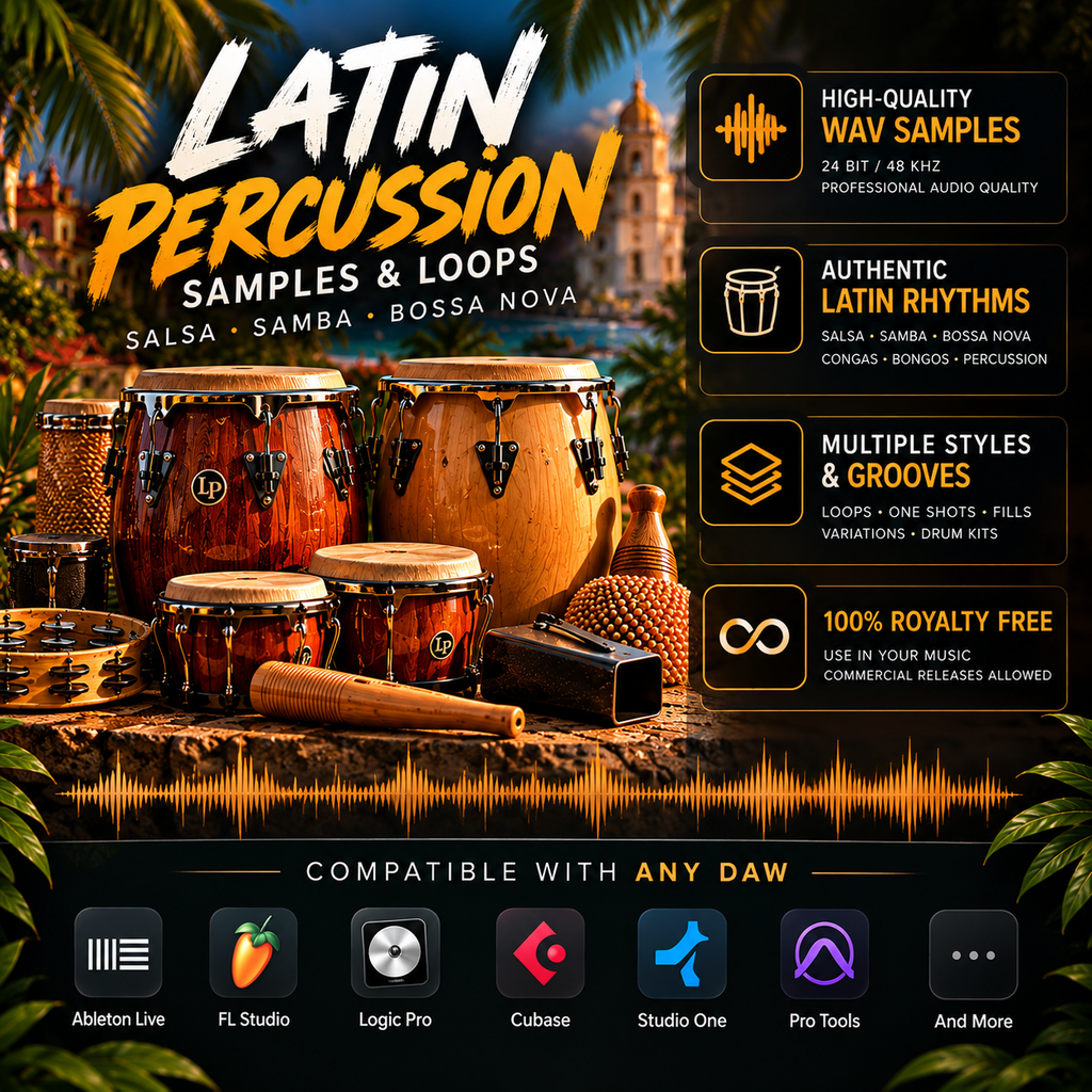 Promotional graphic for a Latin Percussion samples pack, showing percussion instruments, a wooden mallet, and audio waveform graphics with text highlighting high-quality WAV samples, authentic Latin rhythms, multiple styles, and compatibility withDAW software.