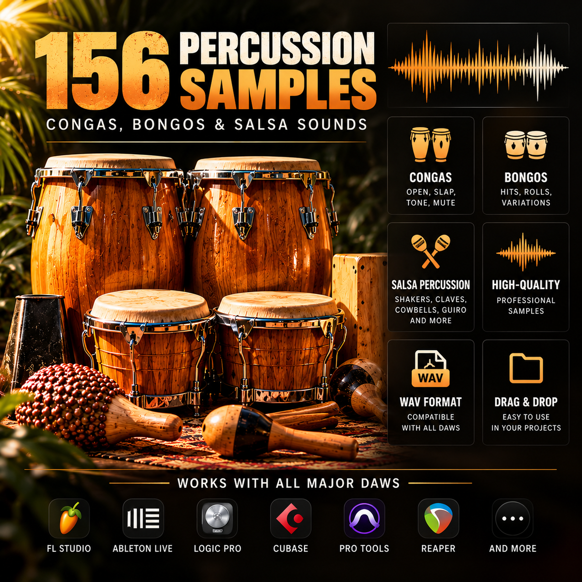Latin percussion WAV sample pack featuring 156 conga, bongo, and salsa sounds with WAV format and DAW compatibility details.