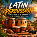 Promotional cover art for a music sample pack titled 'LATIN PERCUSSION SAMPLES & LOOPS' featuring conga drums, maracas, and other percussion instruments in a tropical coastal setting with palm leaves.