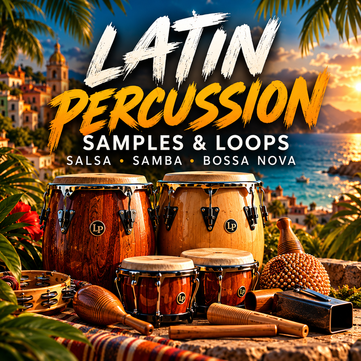Promotional cover art for a music sample pack titled 'LATIN PERCUSSION SAMPLES & LOOPS' featuring conga drums, maracas, and other percussion instruments in a tropical coastal setting with palm leaves.