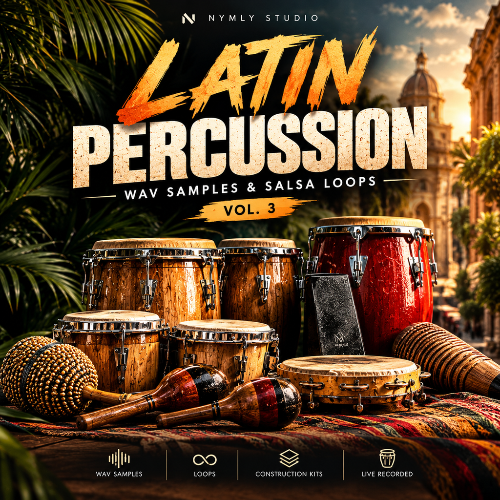 Latin percussion WAV samples and salsa loops Vol. 3 featuring congas, bongos, maracas, güiro, and authentic Latin percussion instruments.