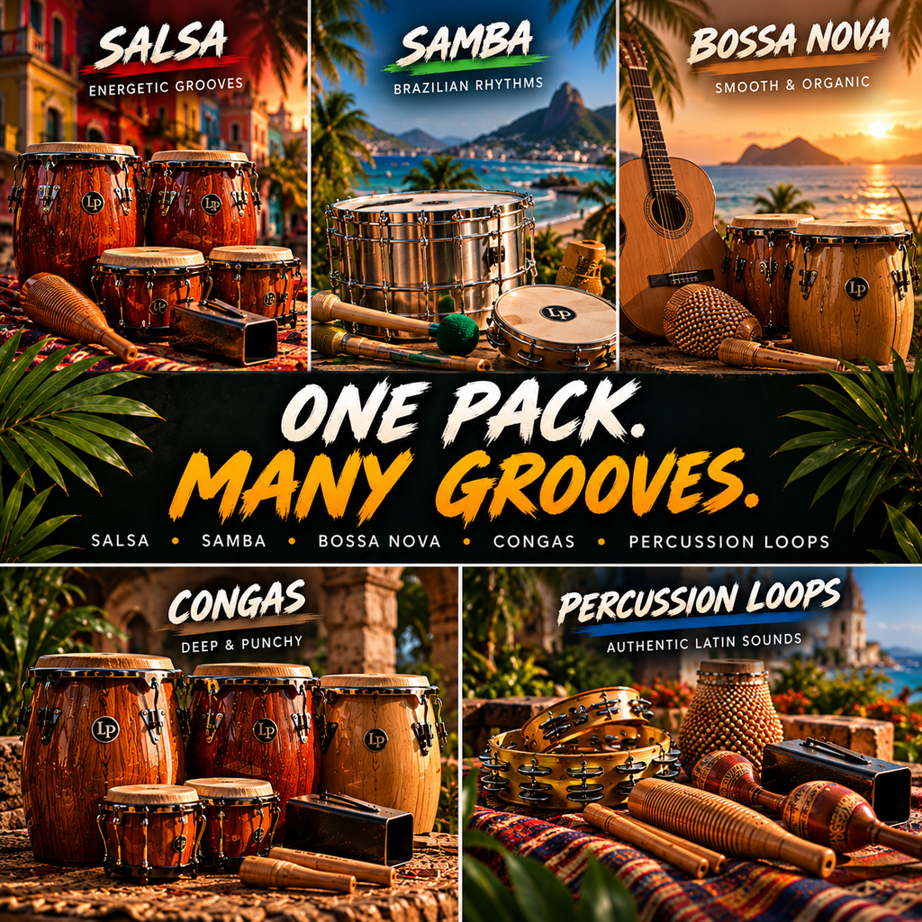 A promotional collage for a percussion and conga music loop pack, showing five tropical-themed panels labeled Salsa, Samba, Bossa Nova, Congas, and Percussion Loops, with drums, congas, guitars, maracas, and percussion instruments. Large central text reads 'ONE PACK.