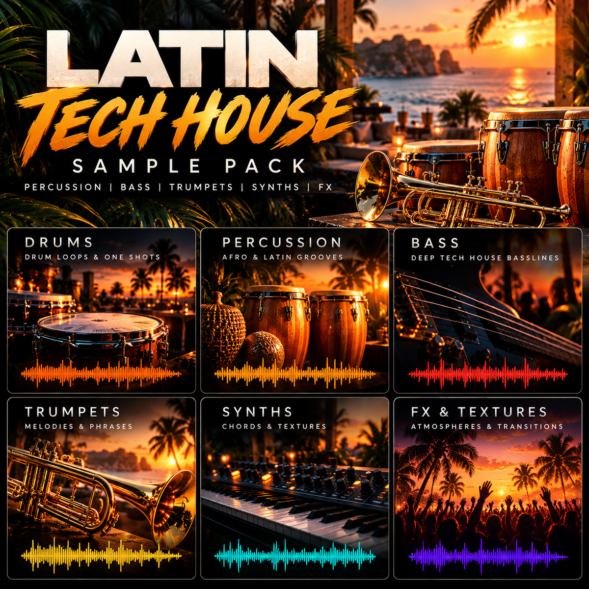 Promotional cover for a 'Latin Tech House Sample Pack' featuring six panels showcasing audio categories: drums, percussion, bass, trumpets, synths, and FX & textures, each with an orange soundwave and tropical sunset imagery in the background.