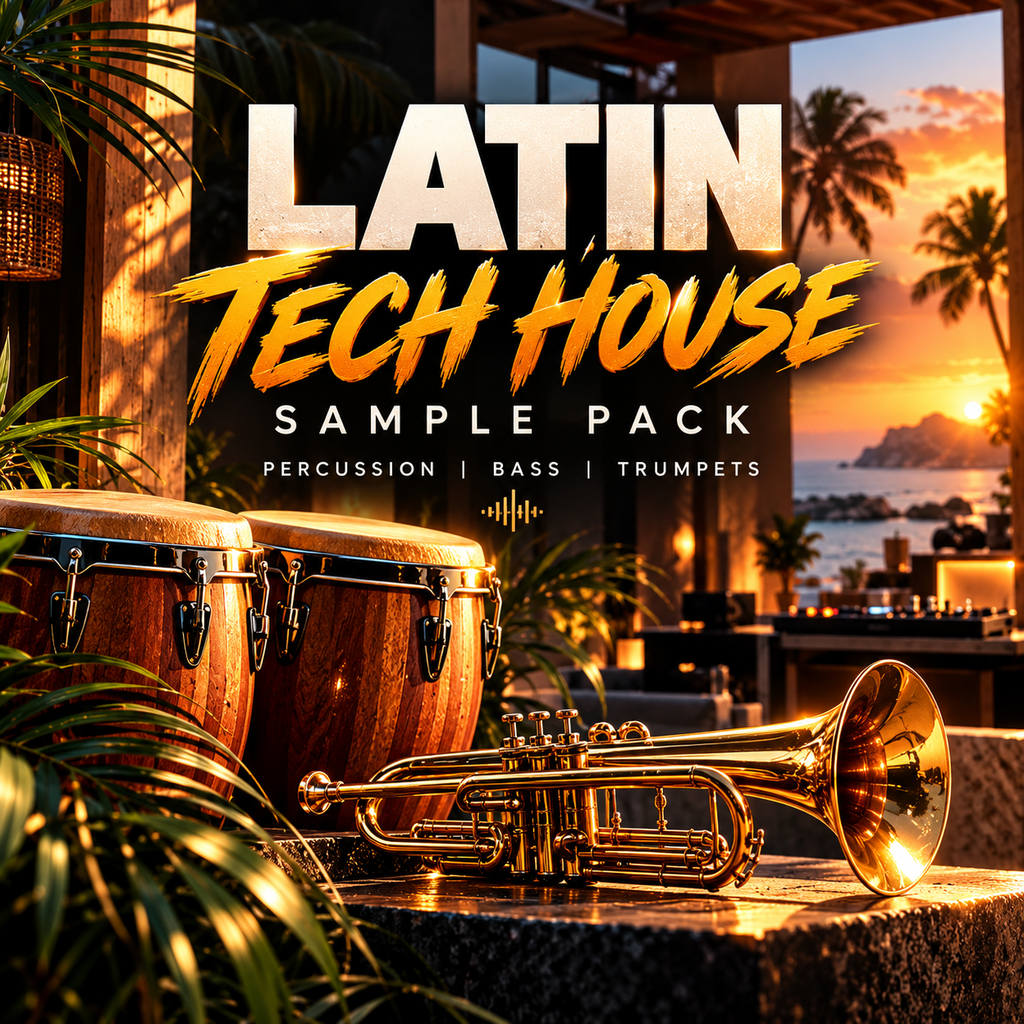 Promotional cover art for a music sample pack titled 'LATIN TECH HOUSE SAMPLE PACK' with percussion, bass, and trumpets. Large stylized text overlays the foreground where two wooden conga drums and a gold trumpet sit on a table in a tropical patio setting at sunset, with palm trees and water visible in the background.