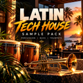 Promotional cover art for a music sample pack titled 'LATIN TECH HOUSE SAMPLE PACK' with percussion, bass, and trumpets. Large stylized text overlays the foreground where two wooden conga drums and a gold trumpet sit on a table in a tropical patio setting at sunset, with palm trees and water visible in the background.