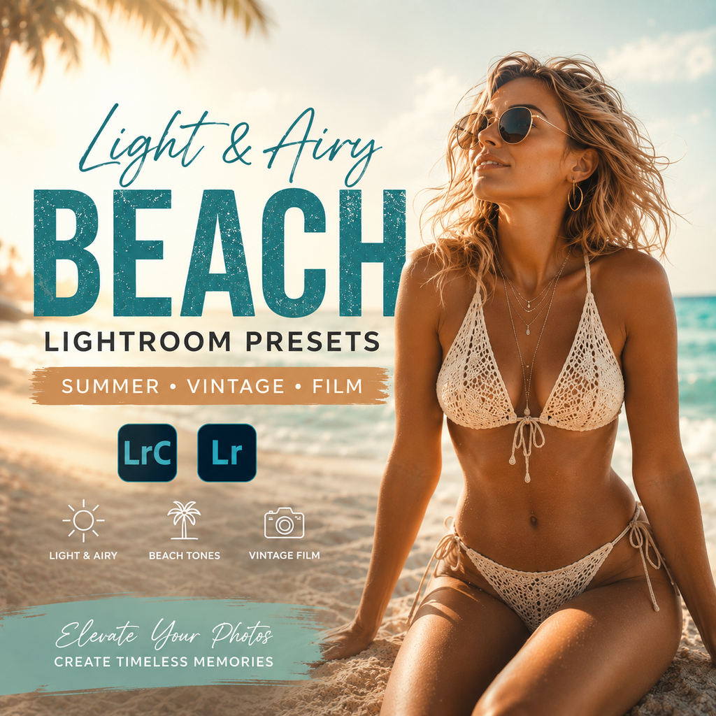 Promotional graphic for Light & Airy Beach Lightroom presets, showing a woman in a beige crochet bikini sitting on a sandy beach with ocean and sky in the background. Large text reads 'Light & Airy BEACH LIGHTROOM PRESETS' with 'Summer • Vintage • Film' and LrC/Lr icons.