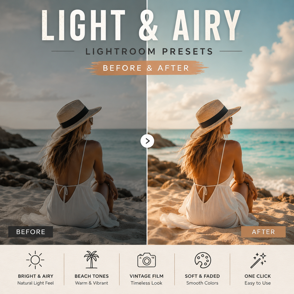 Promotional graphic for Light & Airy Lightroom presets, showing a beach scene split into before and after views with a woman in a white dress and hat seated on the sand. Large text at the top reads 'LIGHT & AIERY' and 'LIGHTROOM PRESETS', with feature icons along the bottom.
