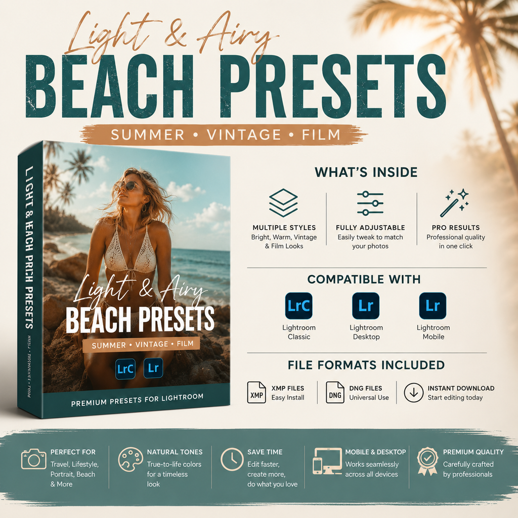 Promotional graphic for Light & Airy Beach Presets, showing a boxed product cover with a beach photo, feature callouts, compatibility logos for Lightroom, and icons for file formats and benefits on a light beige background.
