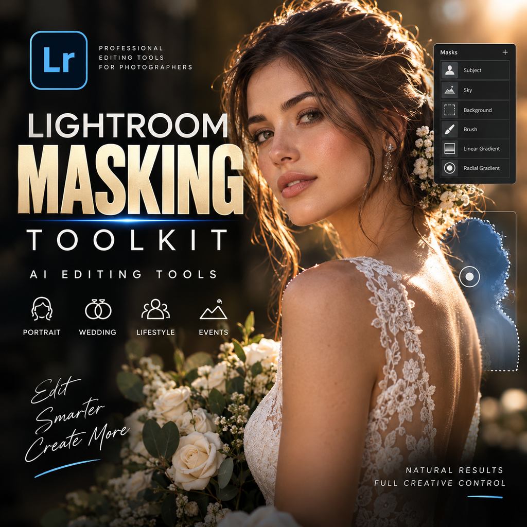 Promotional graphic for a Lightroom masking toolkit, featuring a bride in a white lace wedding dress holding flowers, with text reading 'Lightroom Masking Toolkit' and a software interface panel on the right.