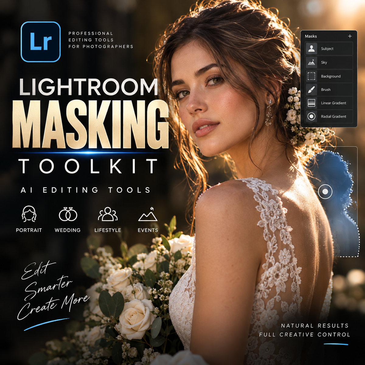 Promotional graphic for a Lightroom masking toolkit, featuring a bride in a white lace wedding dress holding flowers, with text reading 'Lightroom Masking Toolkit' and a software interface panel on the right.