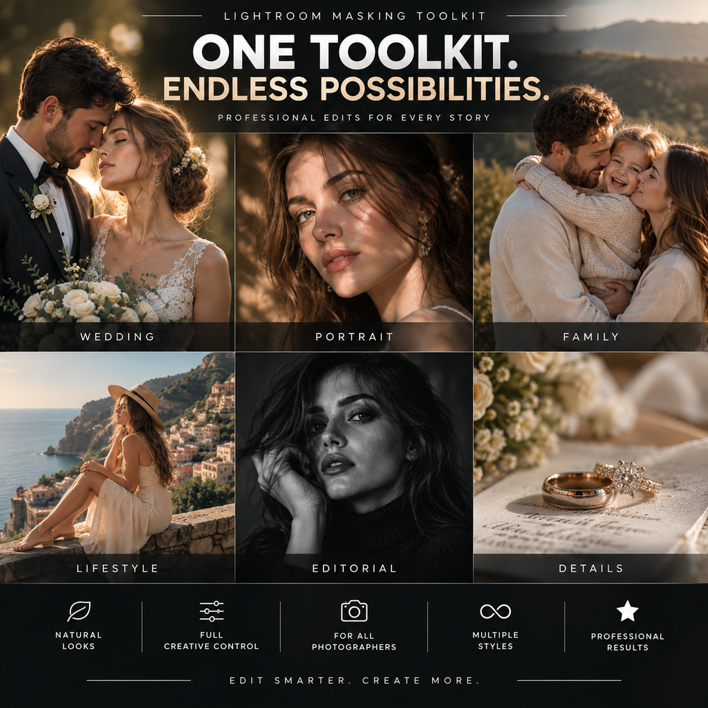 Promotional graphic for a Lightroom masking toolkit showing six example photo categories: Wedding, Portrait, Family, Lifestyle, Editorial, and Details. The top text reads 'One Toolkit.