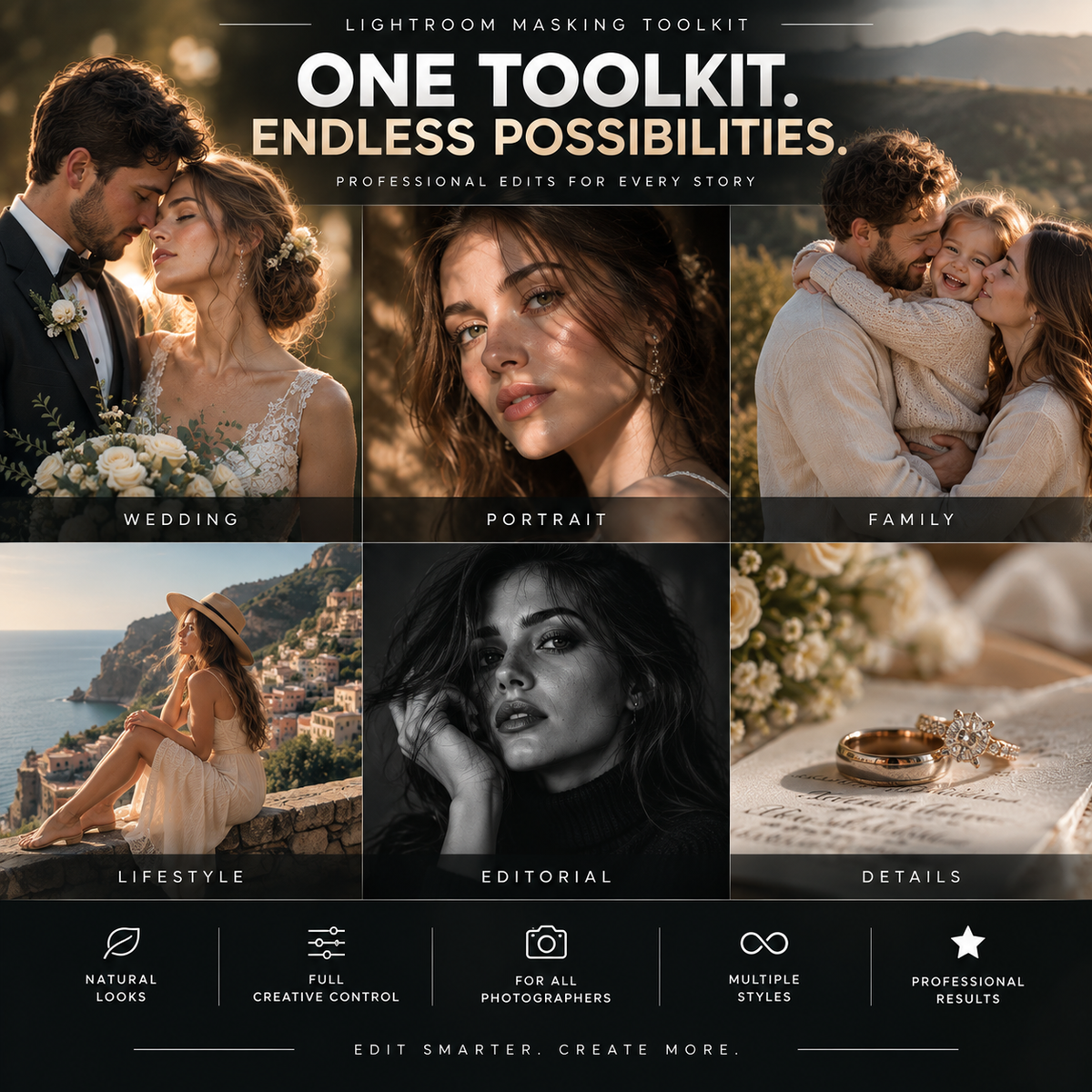 Promotional graphic for a Lightroom masking toolkit showing six example photo categories: Wedding, Portrait, Family, Lifestyle, Editorial, and Details. The top text reads 'One Toolkit.