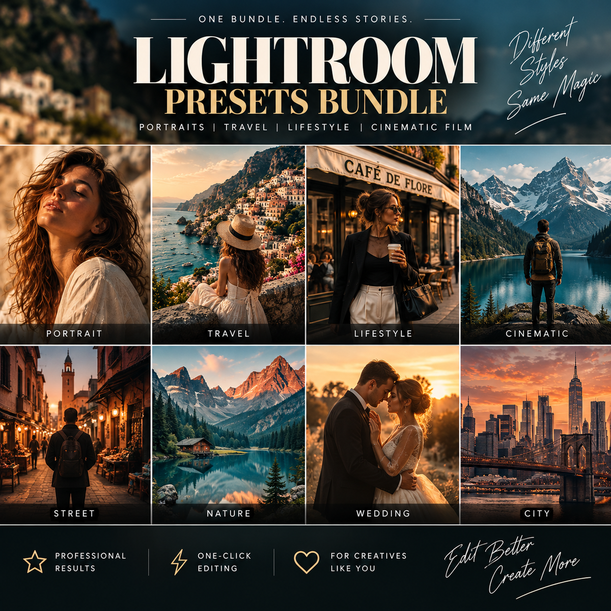 Promotional graphic for a Lightroom presets bundle, showing a grid of eight sample photos with warm cinematic editing: portrait, travel, lifestyle, cinematic landscape, street, nature, wedding, and city scenes. Large text at the top reads 'LIGHTROOM PRESETS BUNDLE' with smaller text 'Different Styles Same Magic' and 'Portraits | Travel | Lifestyle | Cinematic Film.