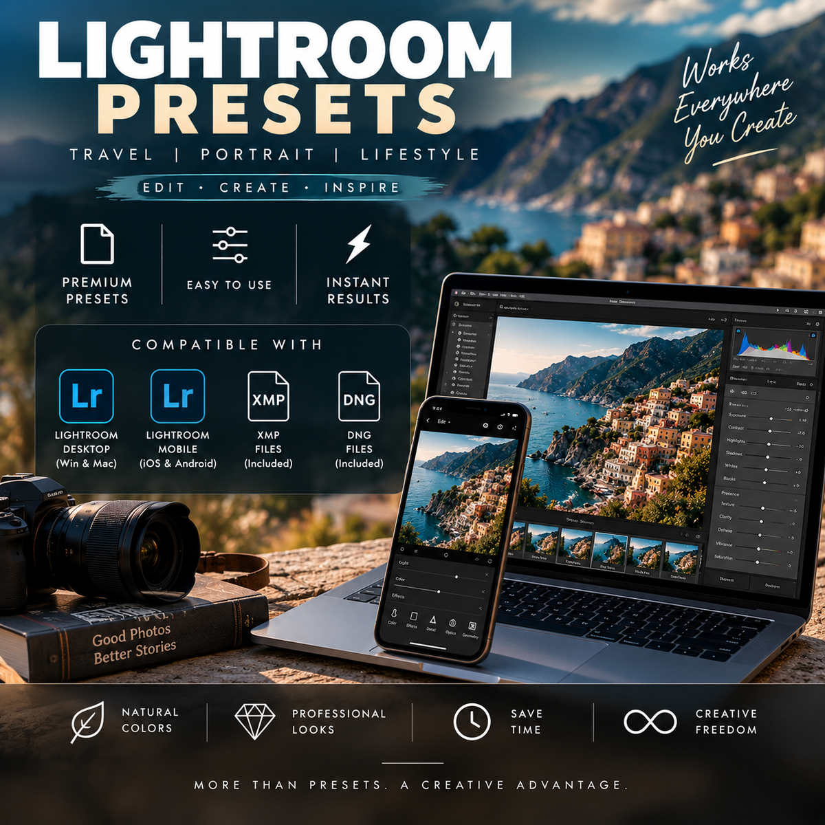 Promotional graphic for Lightroom presets showing a laptop, smartphone, and camera on a stone surface with a scenic mountain landscape in the background. Large text reads 'LIGHTROOM PRESETS' with feature callouts such as travel, portrait, lifestyle, edit, create, inspire, premium results, easy to use, instant results, compatible with Lightroom Desktop/Mobile, XMP files, and DNG files.
