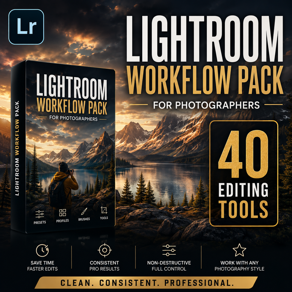 Promotional graphic for a Lightroom Workflow Pack for photographers, showing a book-style product cover, a scenic mountain lake background, large text reading 'LIGHTROOM WORKFLOW PACK' and '40 EDITING TOOLS,' plus a Lightroom logo in the top left.