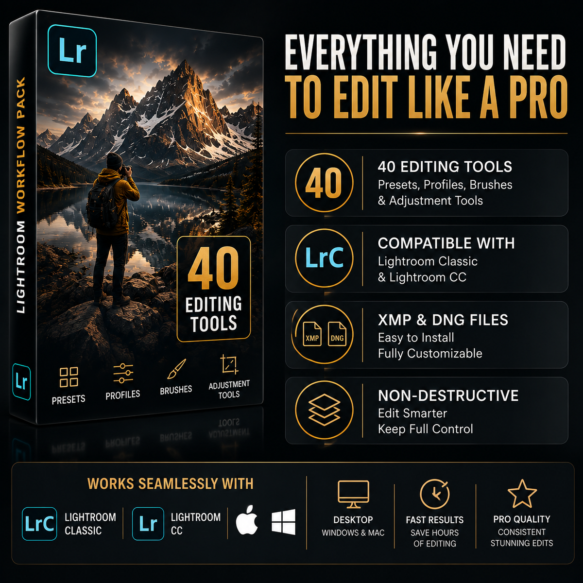 Promotional graphic for a Lightroom workspace low pack, showing a software box cover with a mountain landscape and a hiker, alongside marketing text and compatibility badges for Lightroom Classic, Lightroom CC, XMP & DNG files, and Windows and Mac.