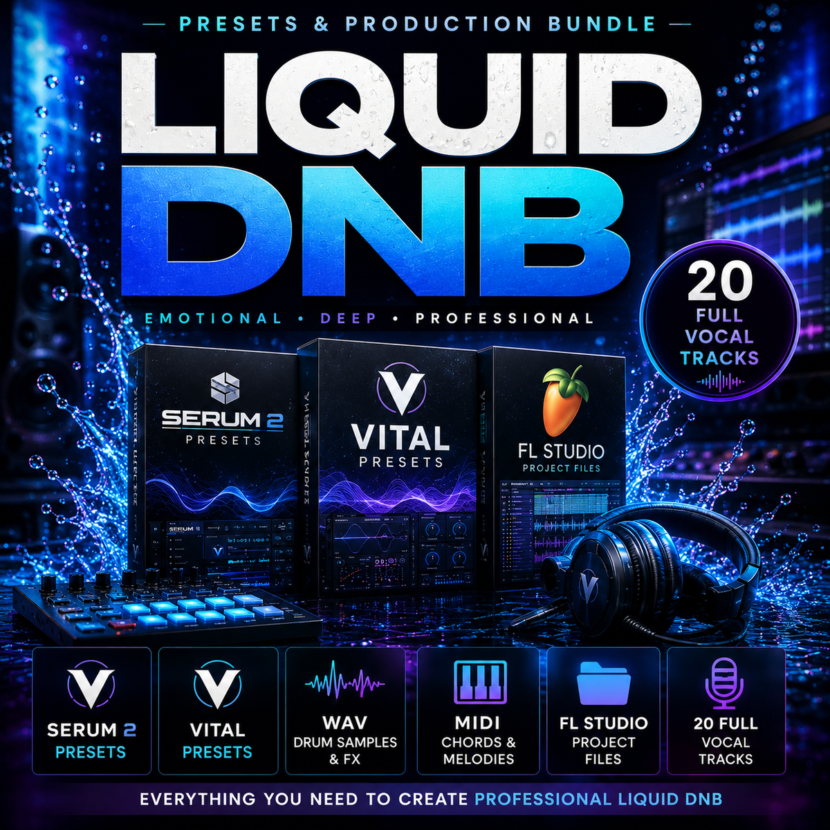 Promotional graphic for a 'Liquid DNB' presets and production bundle, featuring three software boxes labeled Serum 2 Presets, Vital Presets, and FL Studio Project Files, a pair of headphones, and text indicating 20 full vocal tracks.