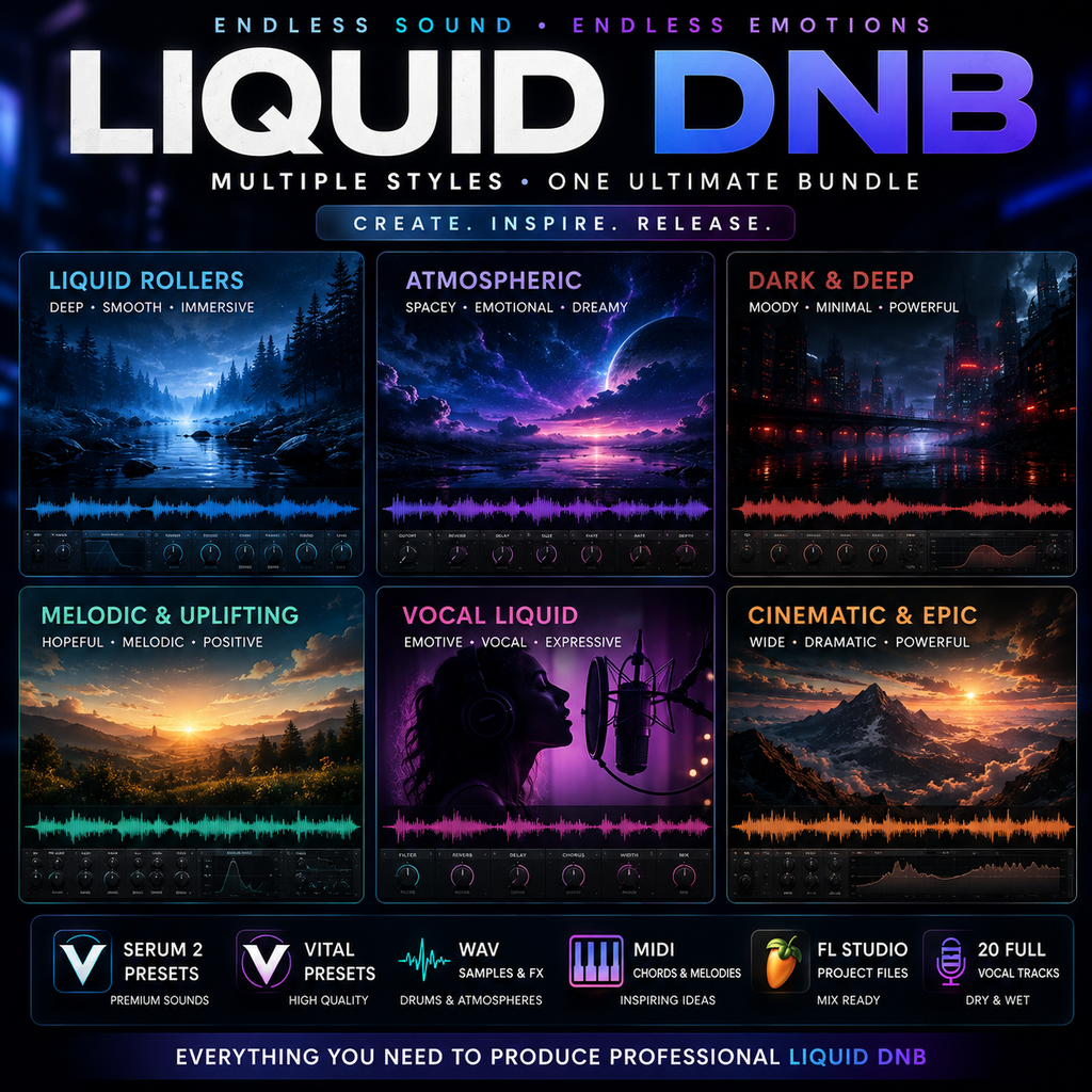 Promotional graphic for a digital audio bundle titled 'LIQUID DNB' with six preset/genre panels: Liquid Rollers, Atmospheric, Dark & Deep, Melodic & Uplifting, Vocal Liquid, and Cinematic & Epic. Large text at top reads 'ENDLESS SOUND • ENDLESS EMOTIONS' and 'MULTIPLE STYLES • ONE ULTIMATE BUNDLE.
