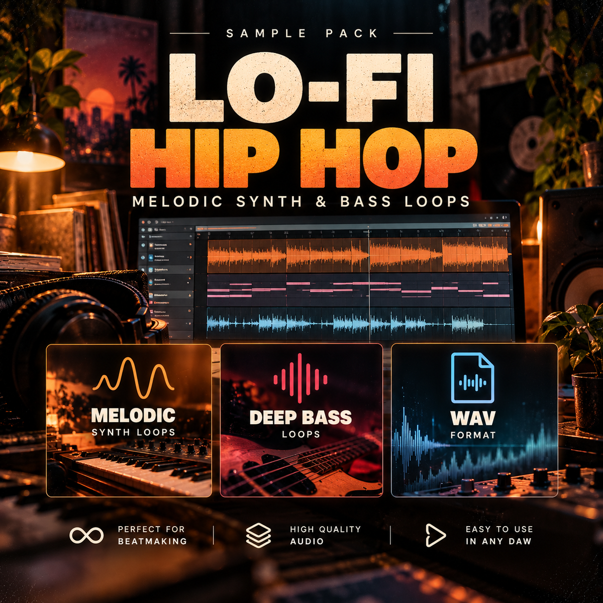 Promotional graphic for a digital sample pack titled 'LO-FI HIP HOP' featuring melodic synth and bass loops. The design shows a dark, atmospheric music studio scene with a computer monitor displaying audio waveforms, three product tiles labeled 'Melodic Synth Loops,' 'Deep Bass Loops,' and 'WAV Format,' and marketing text including 'Perfect for Beatmaking,' 'High Quality Audio,' and 'Easy to Use in any DAW.