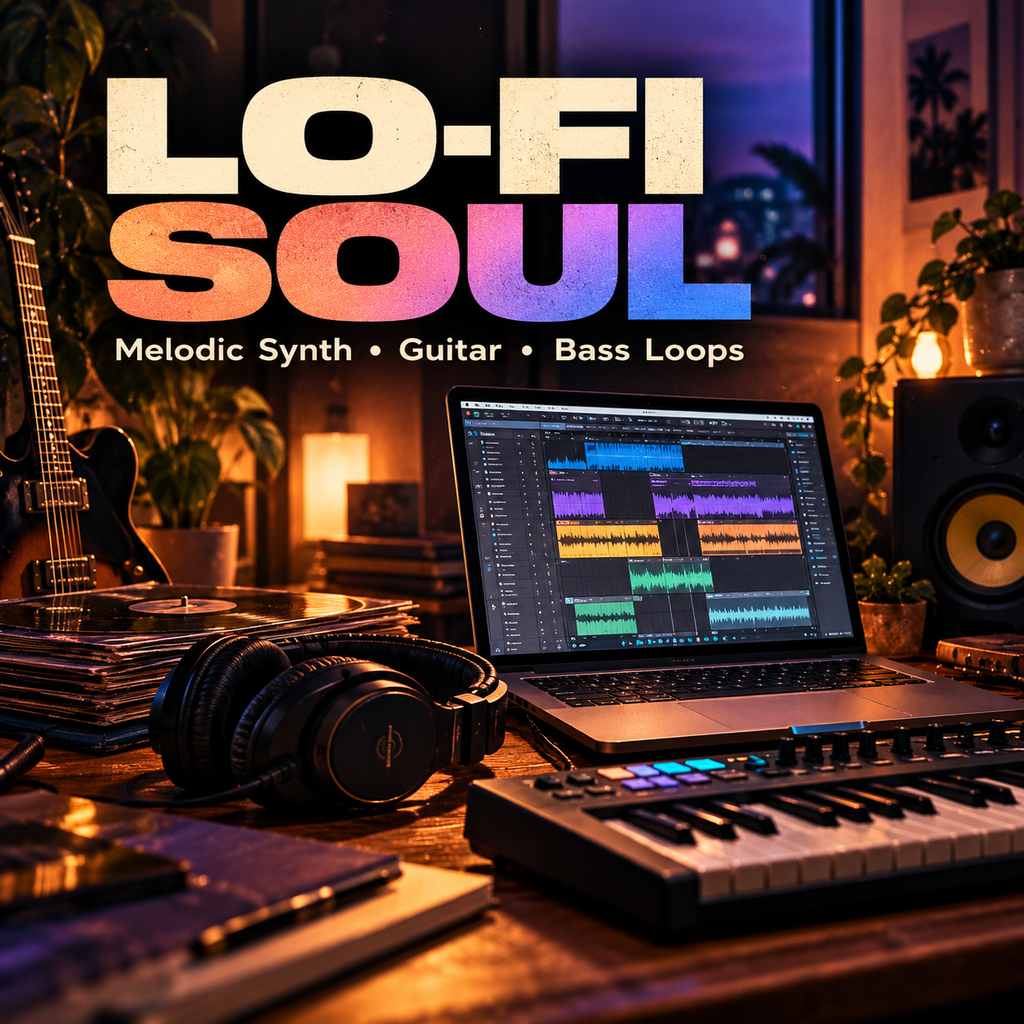 Promotional graphic for a music production bundle titled 'LO-FI SOUL' showing a laptop with audio clips, a keyboard, headphones, and a guitar in a warmly lit home studio at night.