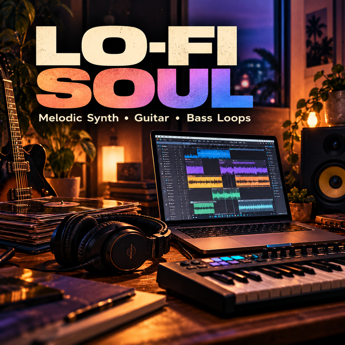 Promotional graphic for a music production bundle titled 'LO-FI SOUL' showing a laptop with audio clips, a keyboard, headphones, and a guitar in a warmly lit home studio at night.