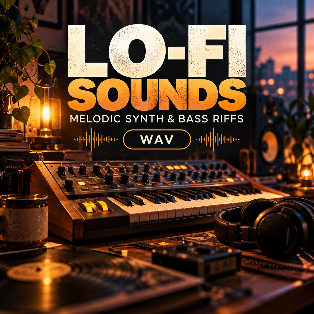 Promotional graphic for a Lo-Fi Sounds WAV audio pack, featuring a warm, cozy music studio setup with a synthesizer, headphones, vinyl records, and glowing candles. Large text reads 'LO-FI SOUNDS' and 'MELODIC SYNTH & BASS RIFFS' with a 'WAV' label.