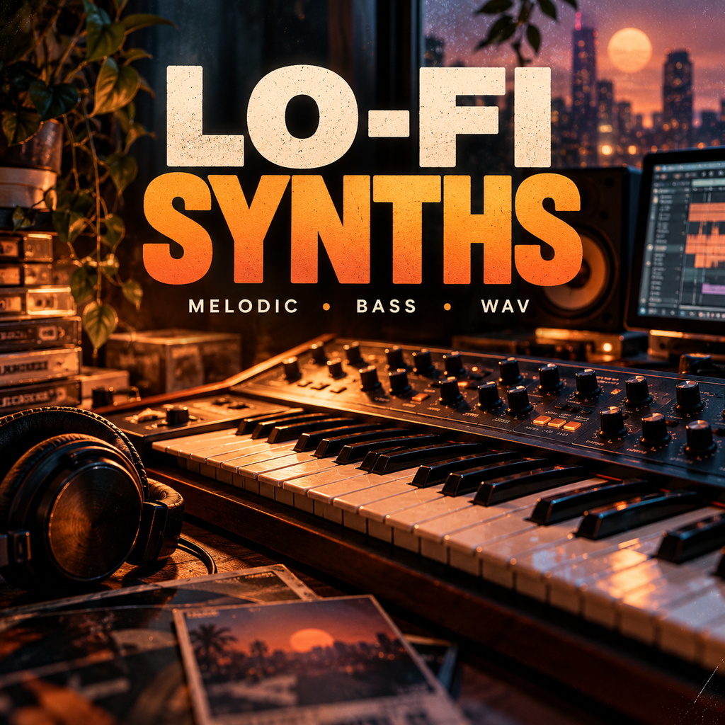 A stylized promotional graphic for a music production resource titled 'LO-FI SYNTHS'. The image shows a vintage Moog-style synthesizer keyboard in a cozy, warm-lit studio setup with headphones, cassette tapes, and a speaker.