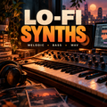 A stylized promotional graphic for a music production resource titled 'LO-FI SYNTHS'. The image shows a vintage Moog-style synthesizer keyboard in a cozy, warm-lit studio setup with headphones, cassette tapes, and a speaker.