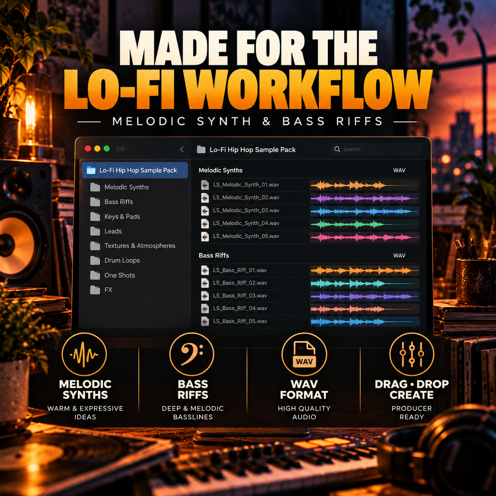 Promotional graphic for a Lo-Fi Hip Hop Sample Pack showing a computer monitor with audio waveform clips and folder listings, surrounded by warm stage lighting and speaker props. Large text reads 'MADE FOR THE LO-FI WORKFLOW' and 'MELODIC SYNTH & BASS RIFFS,' with feature icons below.