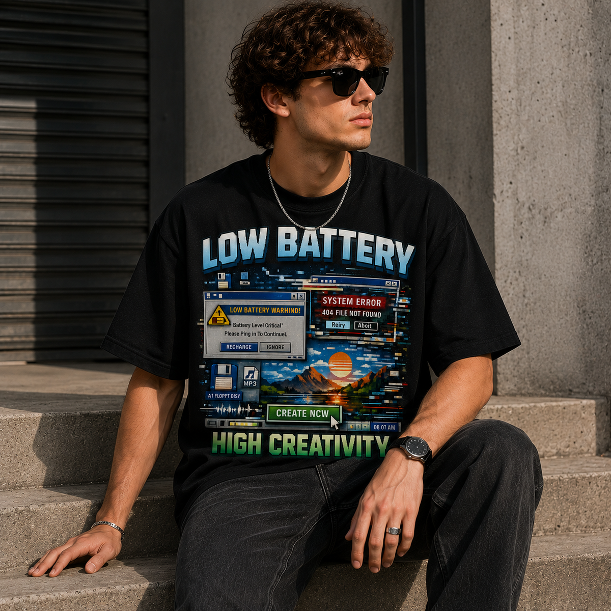 A man wearing a black graphic t-shirt with a 'Low Battery' computer error screen design, sitting on concrete steps.