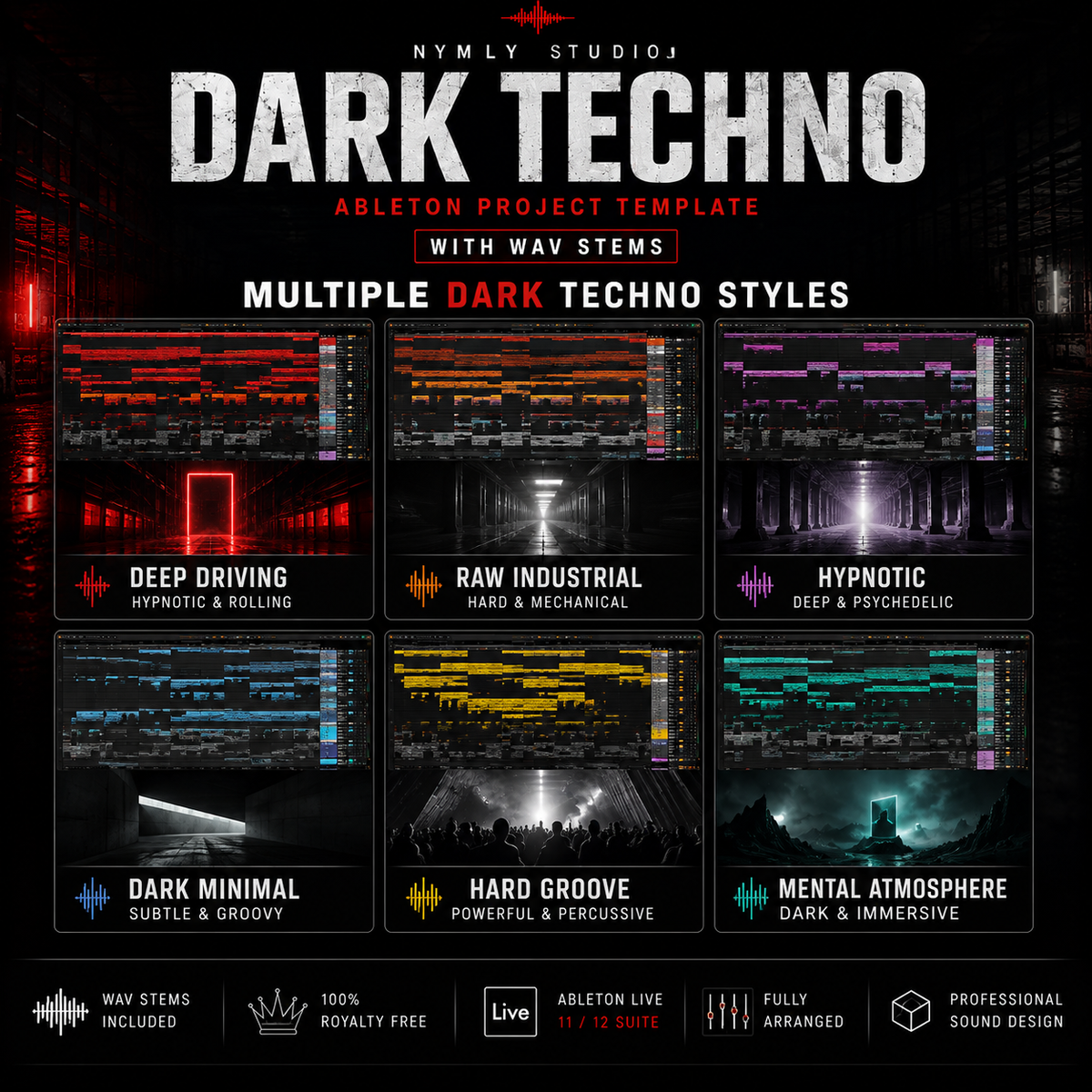 Promotional graphic for a dark techno Ableton project template, showing six sample project thumbnails with red, purple, yellow, and teal interface elements on a dark background. Large text reads 'DARK TECHNO', 'ABLETON PROJECT TEMPLATE', 'WITH WAV STEMS', and 'MULTIPLE DARK TECHNO STYLES'.