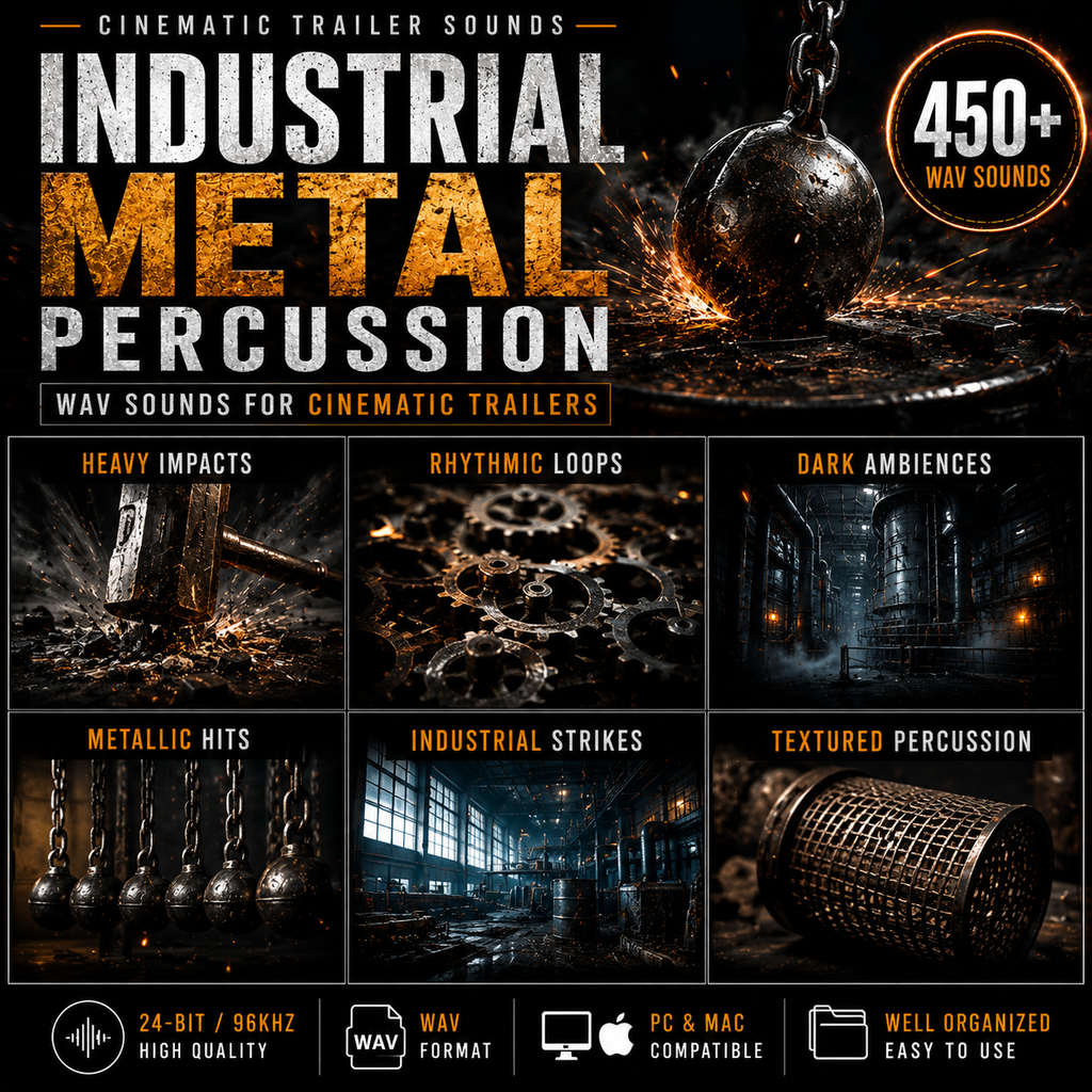 Industrial metal percussion WAV sounds featuring impacts, rhythms, metallic hits and dark textures