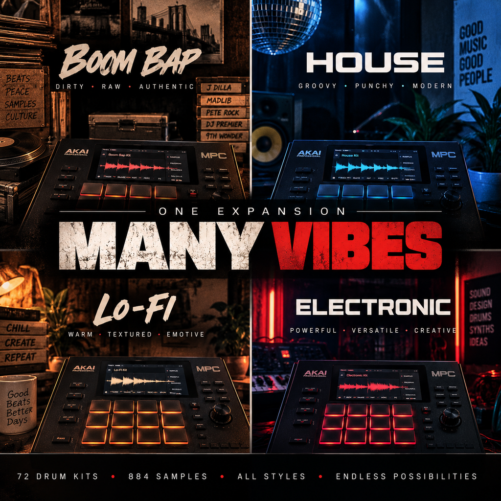 Promotional graphic for a music production expansion pack titled 'Many Vibes' with subcategories Boom Bap, House, Lo-Fi, and Electronic. The design features four dark-themed panels showcasing Akai MPC drum machines, vinyl records, a disco ball, and text highlighting 72 drum kits, 884 samples, and all styles.