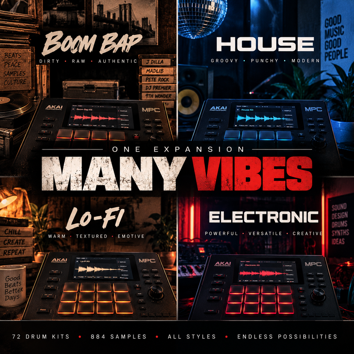 Promotional graphic for a music production expansion pack titled 'Many Vibes' with subcategories Boom Bap, House, Lo-Fi, and Electronic. The design features four dark-themed panels showcasing Akai MPC drum machines, vinyl records, a disco ball, and text highlighting 72 drum kits, 884 samples, and all styles.