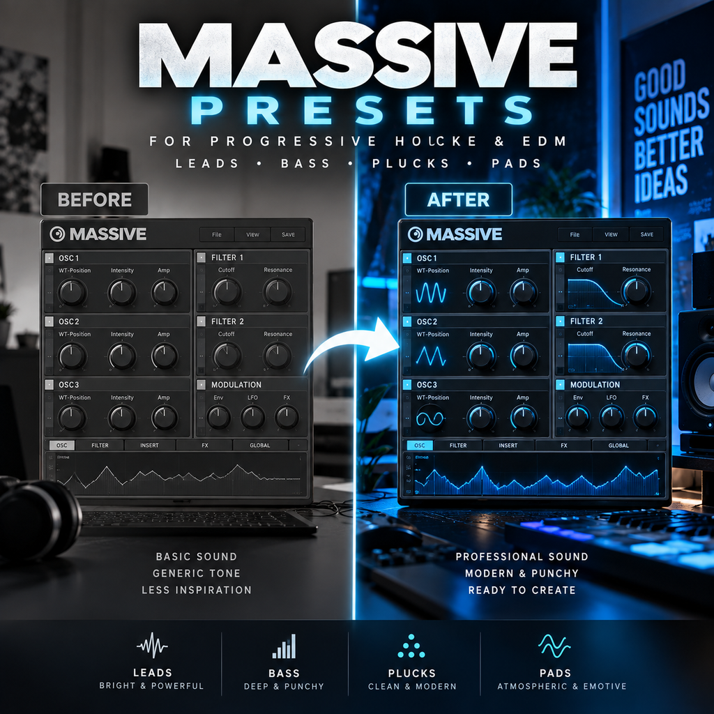 Promotional graphic for Massive Presets audio software, showing a before-and-after comparison of a virtual instrument interface. The left side labeled 'BEFORE' shows a dark gray and black UI with basic knobs and waveforms.