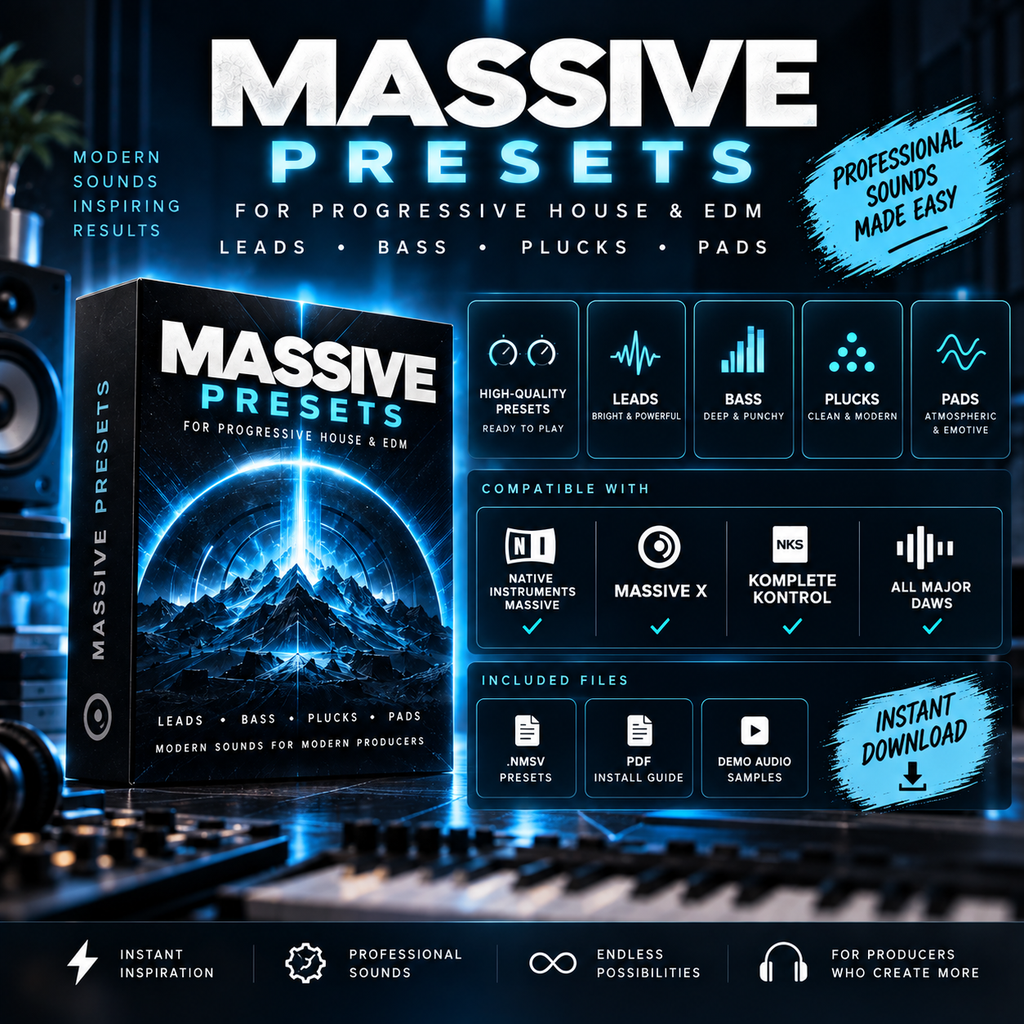 Promotional graphic for 'MASSIVE PRESETS' music software, showing a product box, feature icons, compatibility badges, and download callouts on a dark blue futuristic background.