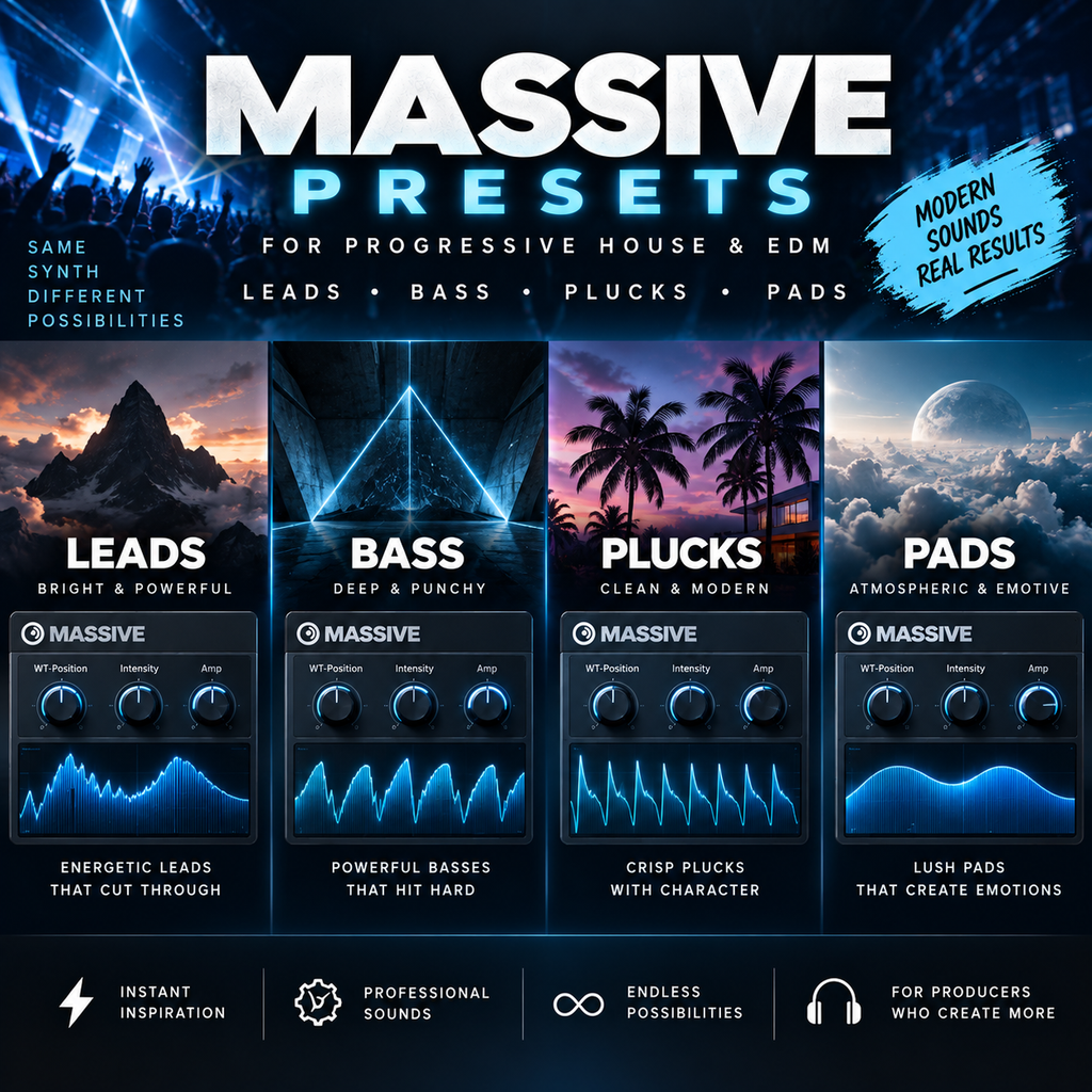 Promotional graphic for 'MASSIVE PRESETS' for Progressive House and EDM producers, showing four vertical panels labeled Leads, Bass, Plucks, and Pads with dark blue, purple, and orange ambient background scenes and control knobs. Large white title text appears at the top, with a blue brush-stroke badge reading 'Modern Sounds Real Results.